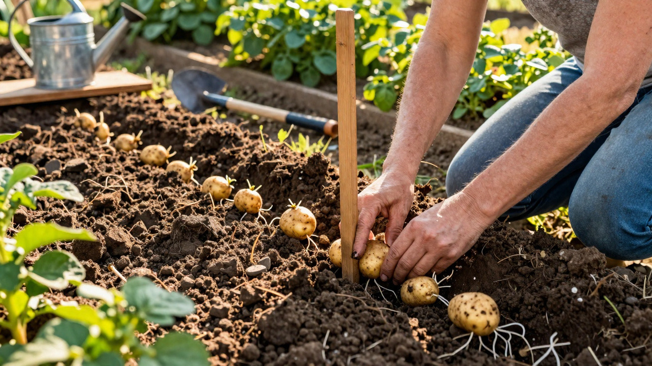 Pessoa plantando batatas com brotos em fileira no solo de horta ensolarada.