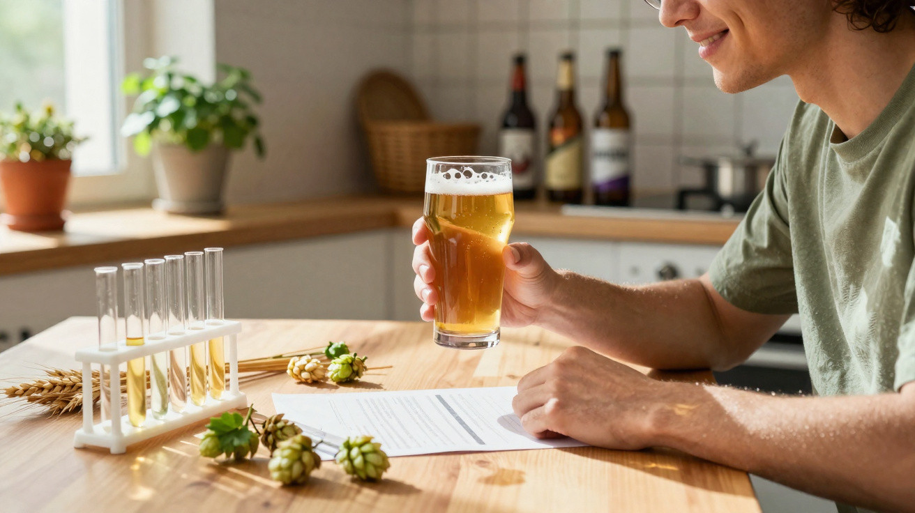 Pessoa segurando copo de cerveja ao lado de tubos de ensaio com líquido amarelo e plantas em mesa de madeira.