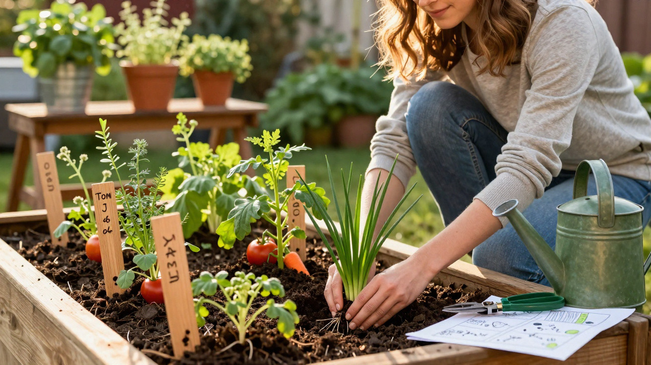 Mulher plantando mudas em canteiro elevado de jardim com regador e etiquetas de identificação das plantas.