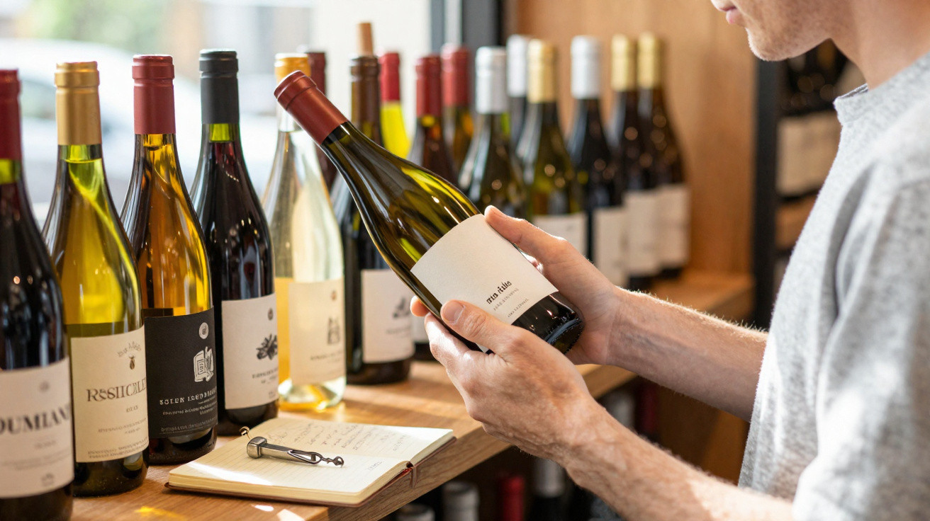 Pessoa segurando garrafa de vinho em loja, com várias garrafas alinhadas e caderno sobre balcão de madeira.