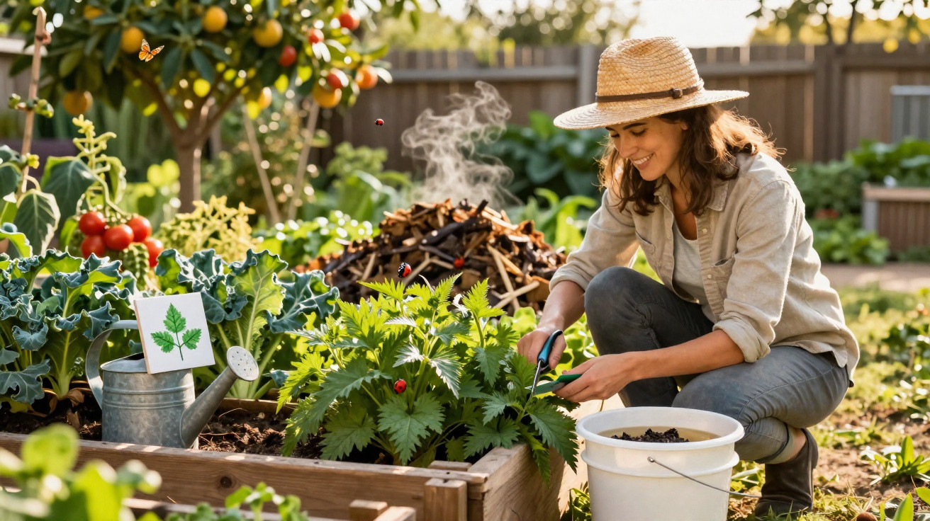 Mulher com chapéu cuidando de plantas em horta, cercada por vegetação e sol da manhã.