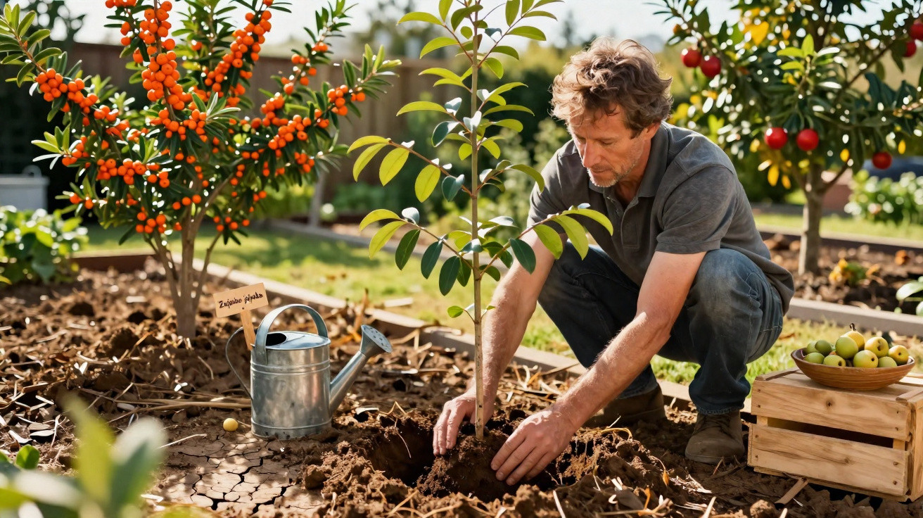 Homem plantando árvore jovem em jardim, com regador, frutas e plantas ao redor em dia ensolarado.