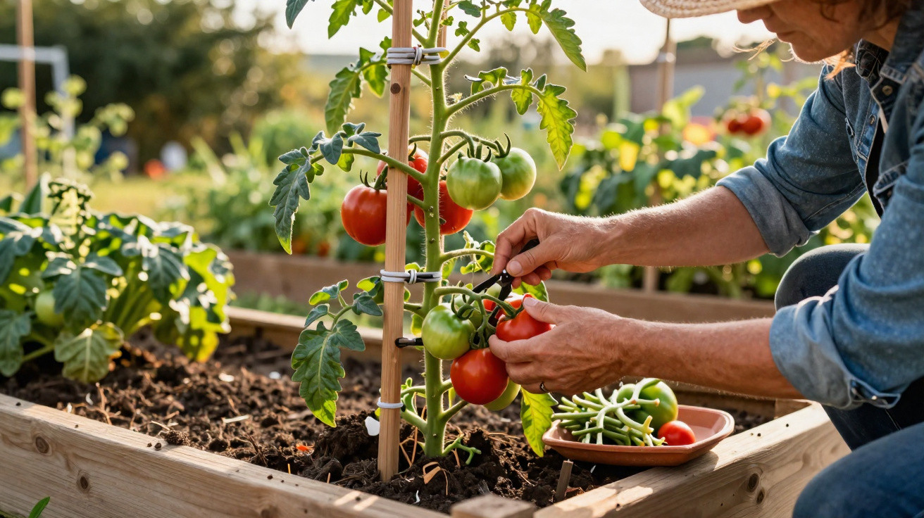 Pessoa colhendo tomates vermelhos maduros em um jardim de vegetais elevado com tesoura poda.