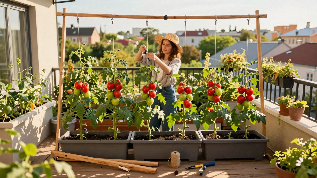 Mulher cuidando de plantas de tomate em vasos grandes em varanda ao ar livre, com ferramentas e suporte de madeira.