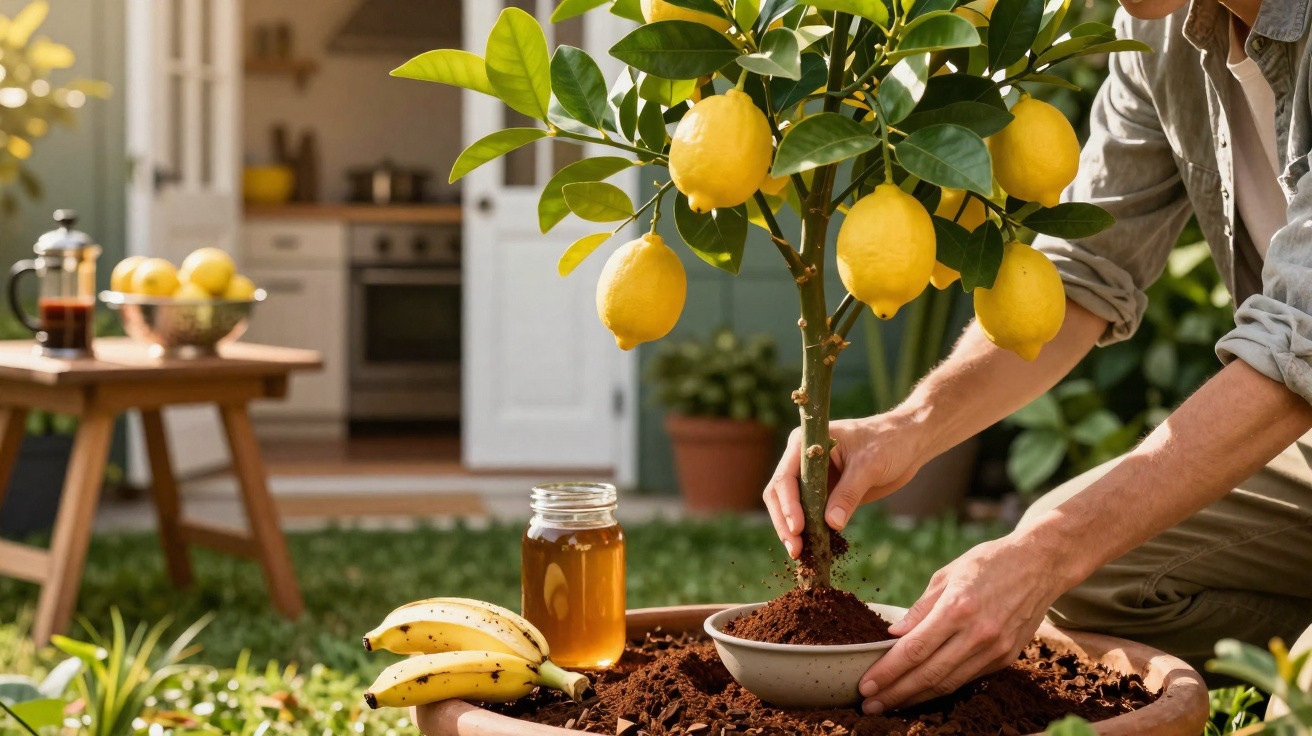 Pessoa cuidando de planta de limão em vaso grande, com bananas e pote de mel ao lado no jardim.