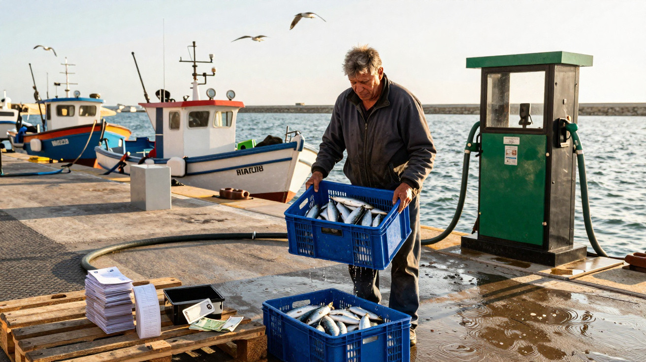 Pescador segurando caixas azuis cheias de peixes no cais com barcos e bomba de combustível ao fundo.