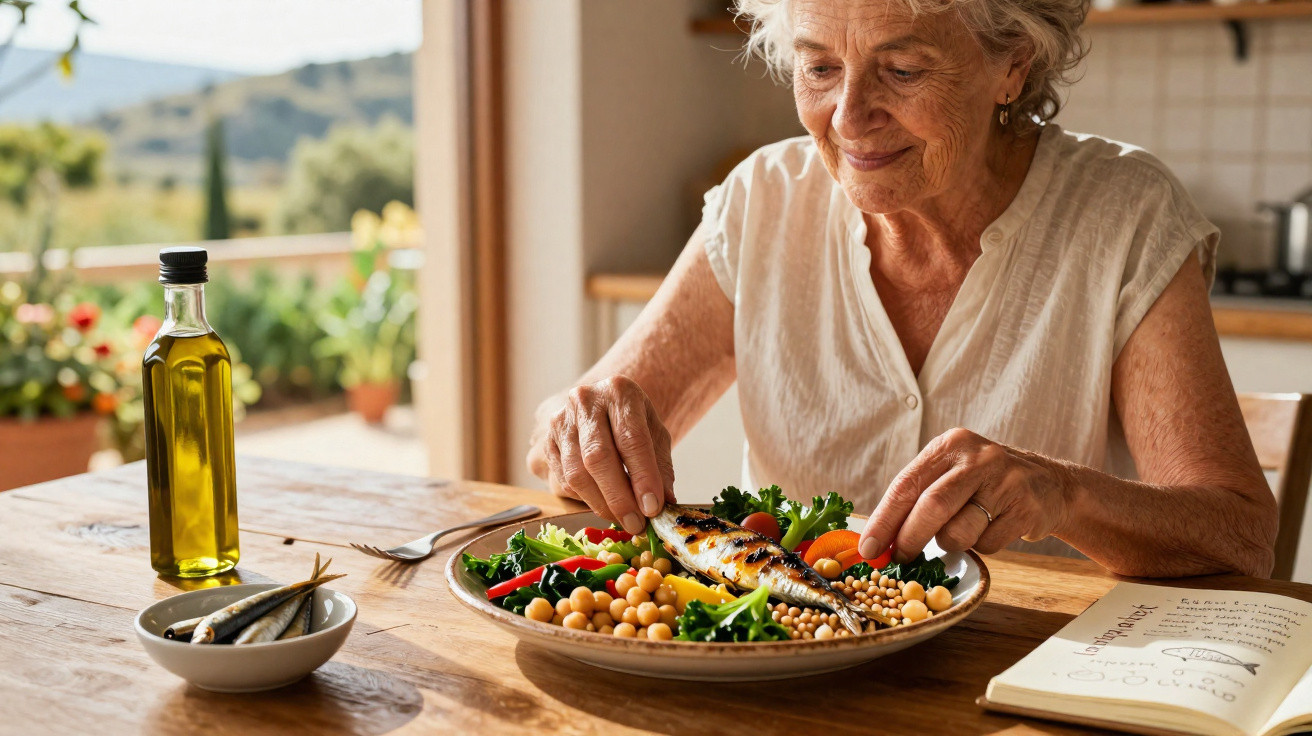 Mulher idosa sentada à mesa preparando prato com peixe grelhado, grão-de-bico e legumes numa cozinha iluminada.