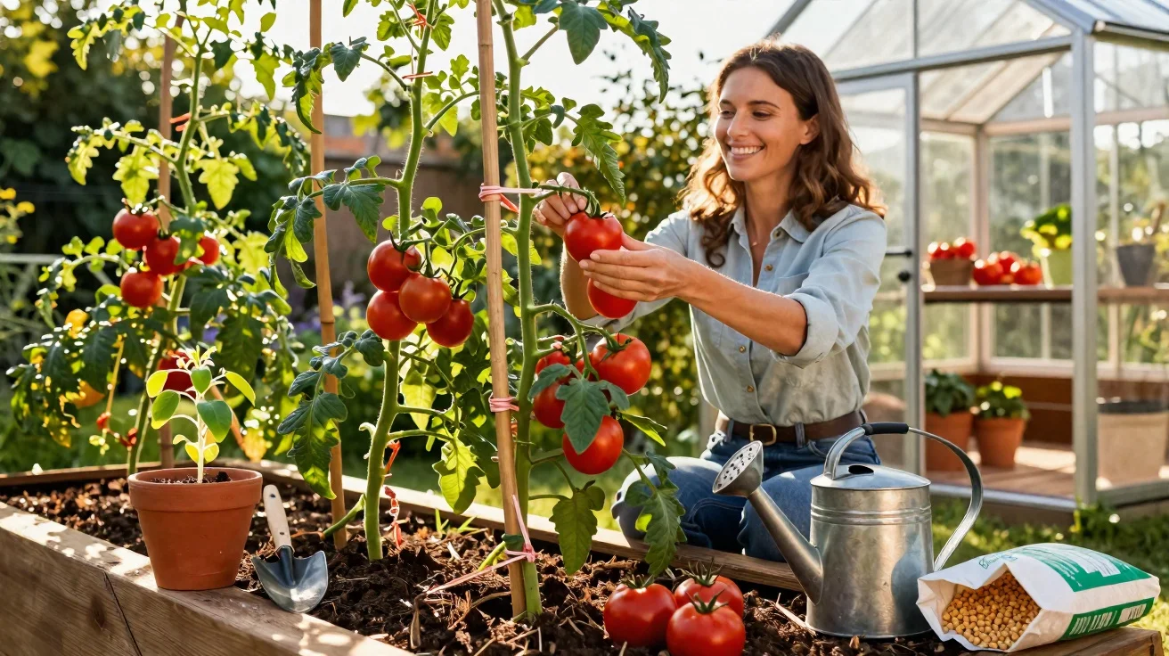 Mulher sorrindo colhendo tomates em estufa, cercada por regador e utensílios de jardinagem.
