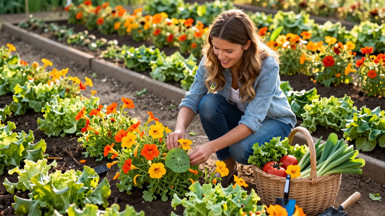 Mulher sorridente cuidando de flores amarelas e laranjas em horta com cesta de verduras ao lado.