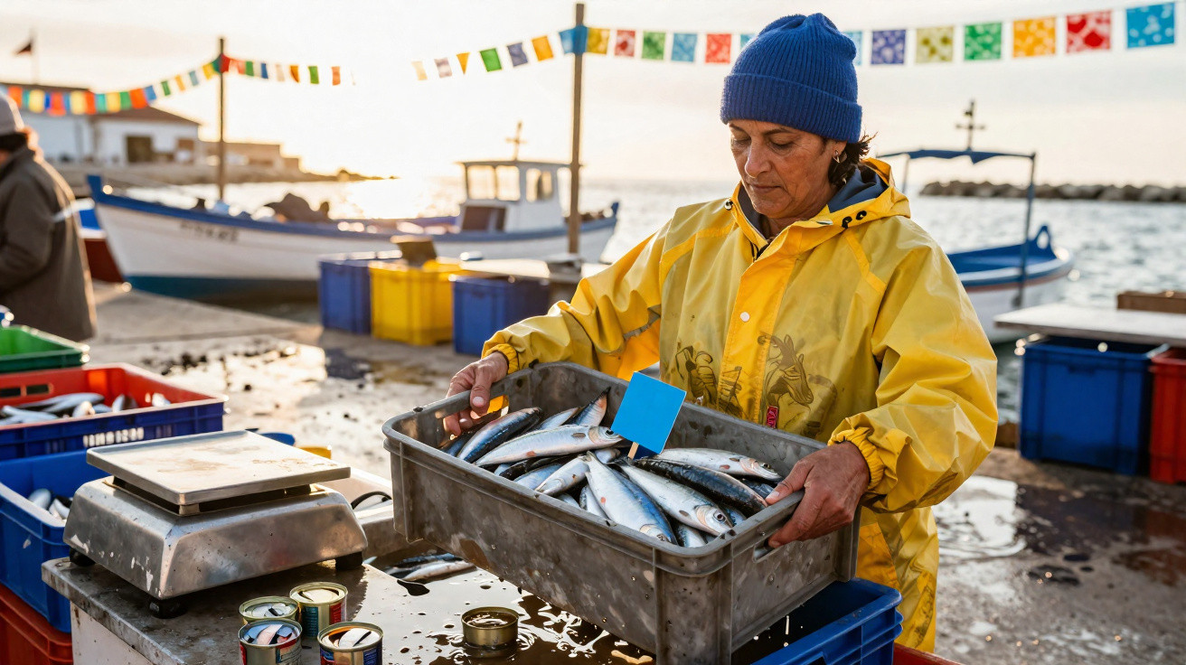 Mulher com jaqueta amarela e gorro azul segurando caixa de peixes frescos em porto de pescadores.