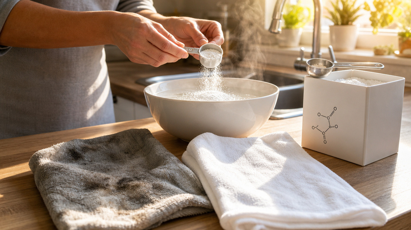 Pessoa adiciona detergente em pó em tigela com água quente para limpeza, ao lado de panos e recipiente branco.