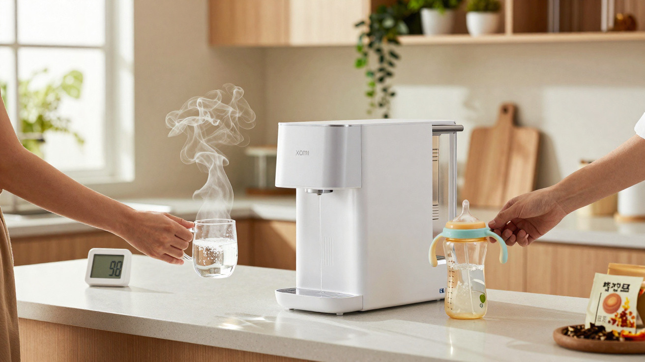 Pessoa segurando copo com água quente ao lado de máquina de água quente em cozinha moderna.
