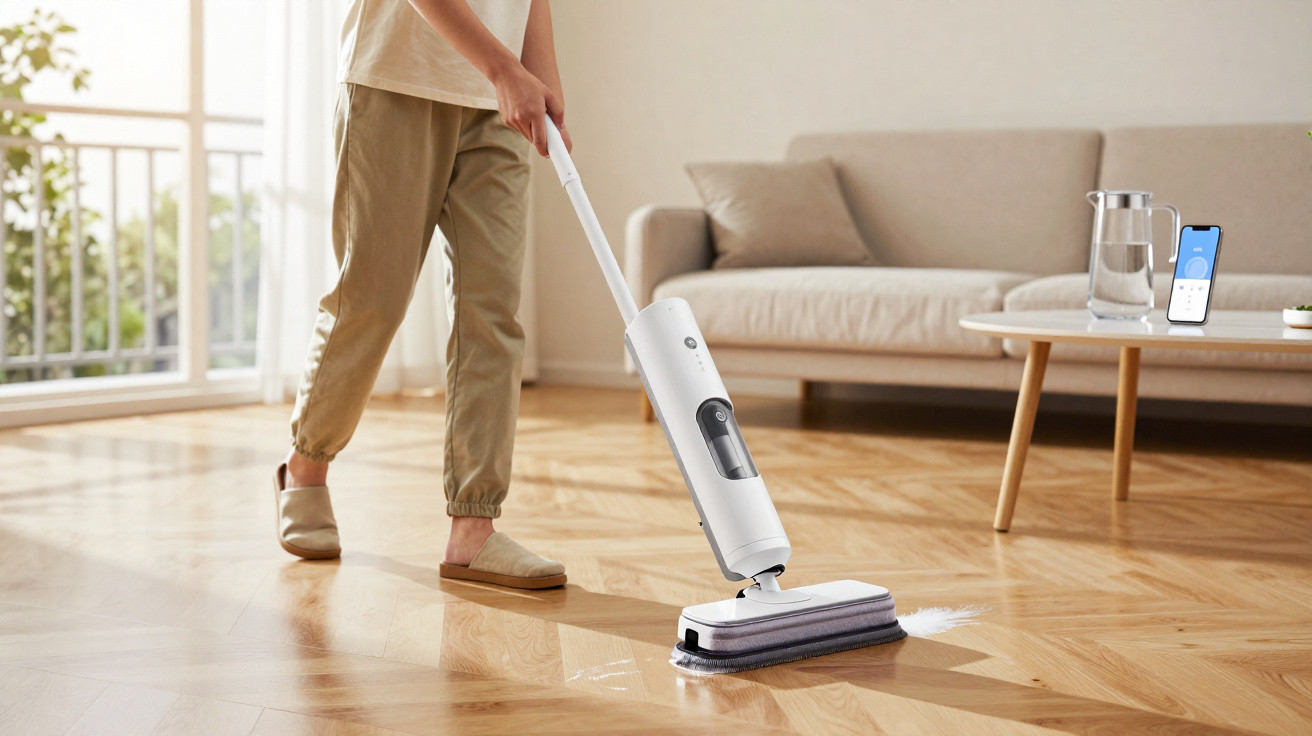 Pessoa usando mop elétrico branco para limpar piso de madeira clara em sala com sofá e mesa de centro.