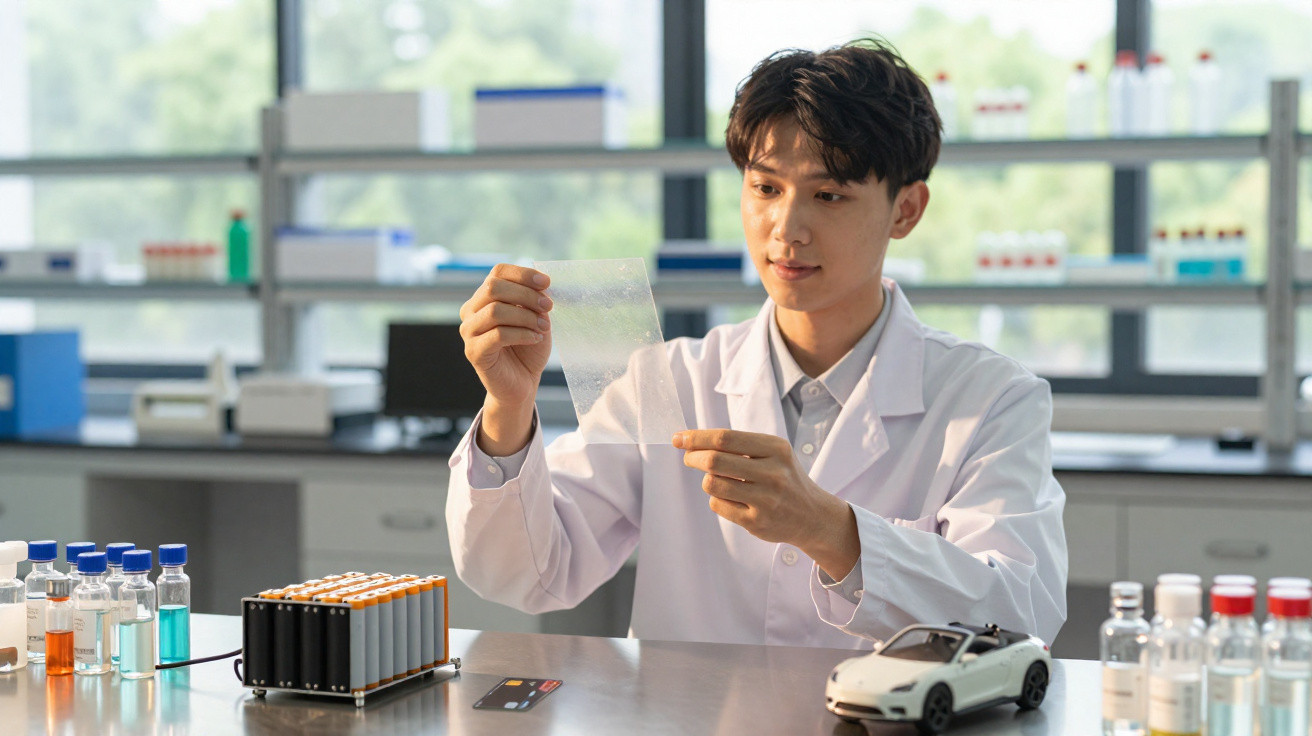Cientista em laboratório segurando uma lâmina transparente, com frascos e miniatura de carro na mesa.