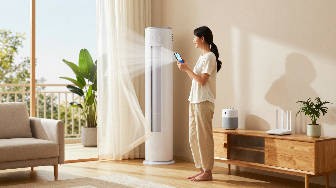 Mulher usando celular para controlar ar-condicionado torre em sala moderna com sofá e plantas.