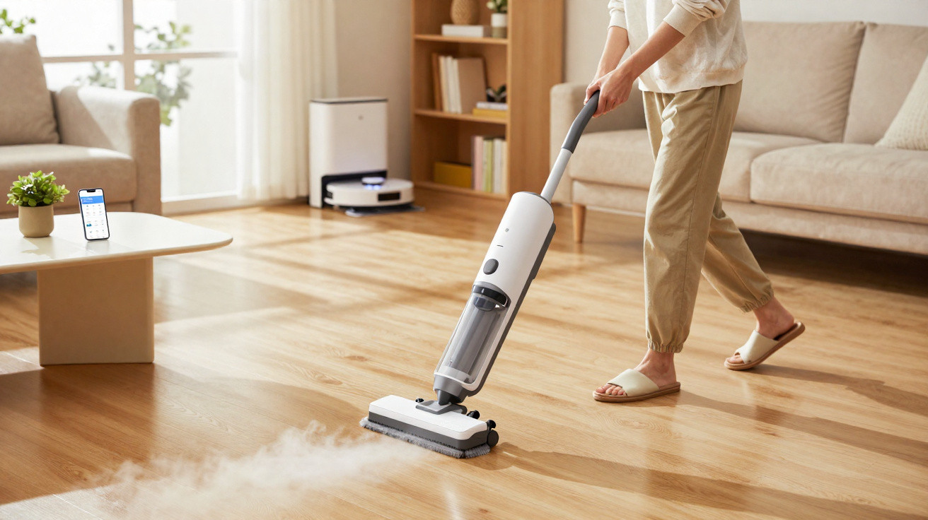 Pessoa usando aspirador a vapor em chão de madeira claro de sala moderna com sofá e mesa.