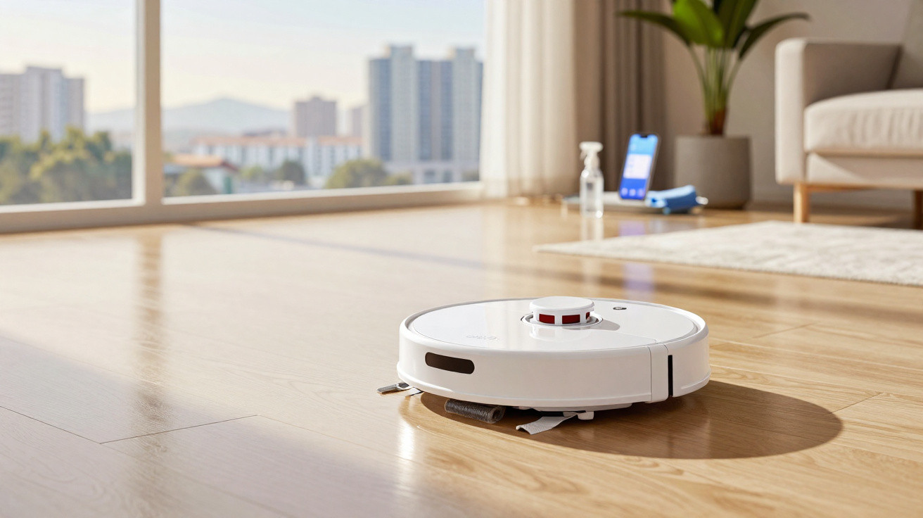 Robô aspirador de pó branco limpando piso de madeira em sala clara com janela grande e planta.