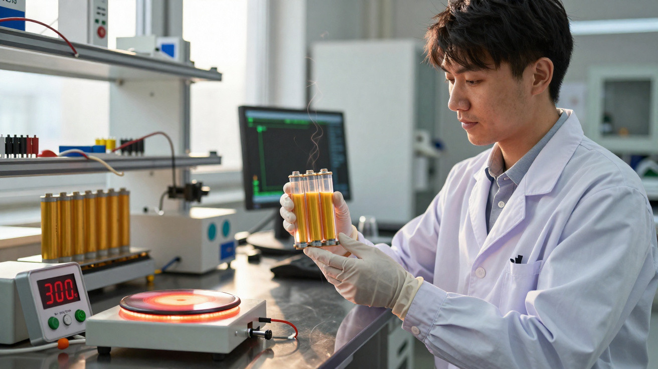 Homem de jaleco branco e luvas analisa tubos de ensaio com líquido laranja em laboratório moderno.