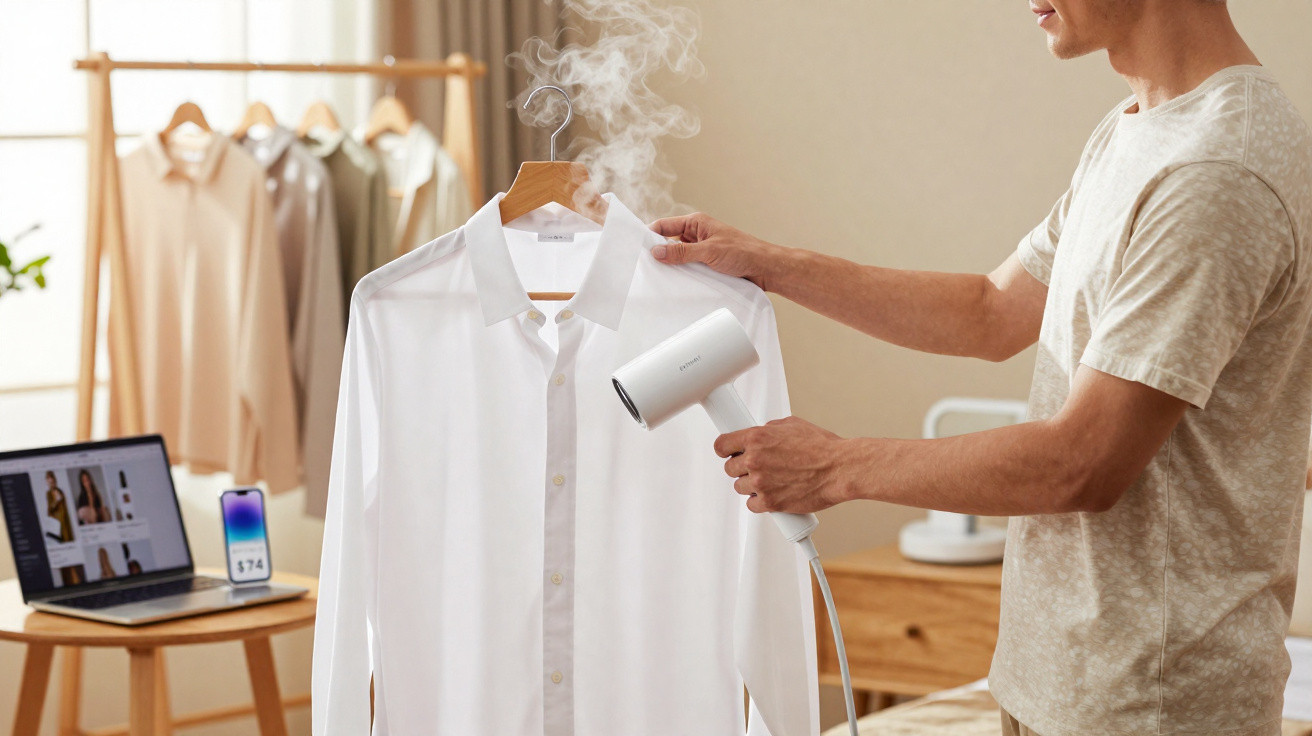 Pessoa usando vaporizador branco para passar camisa social branca pendurada em cabide.