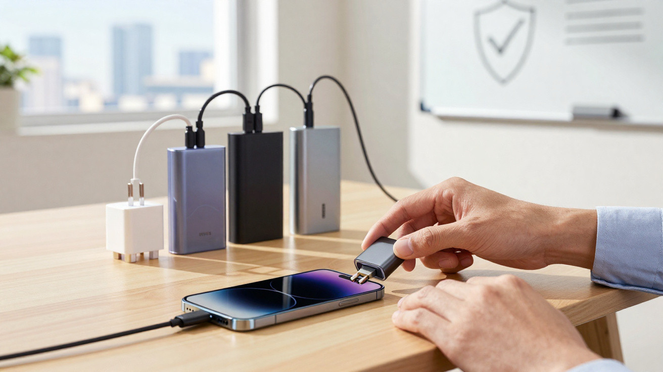 Pessoa conectando adaptador em celular na mesa com três power banks e carregador ligado ao fundo.