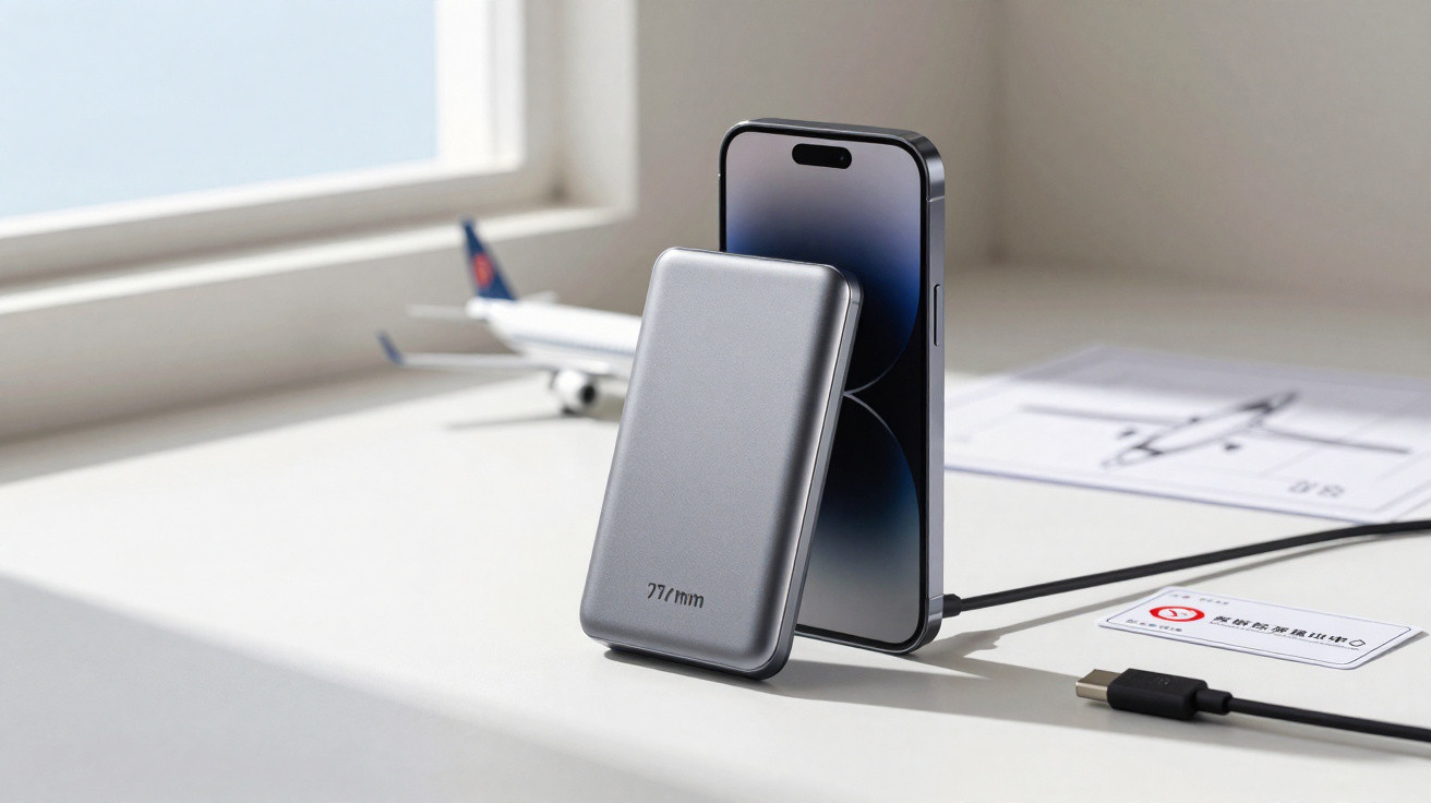 Power bank cinza conectado a smartphone preto em superfície branca com miniatura de avião ao fundo.