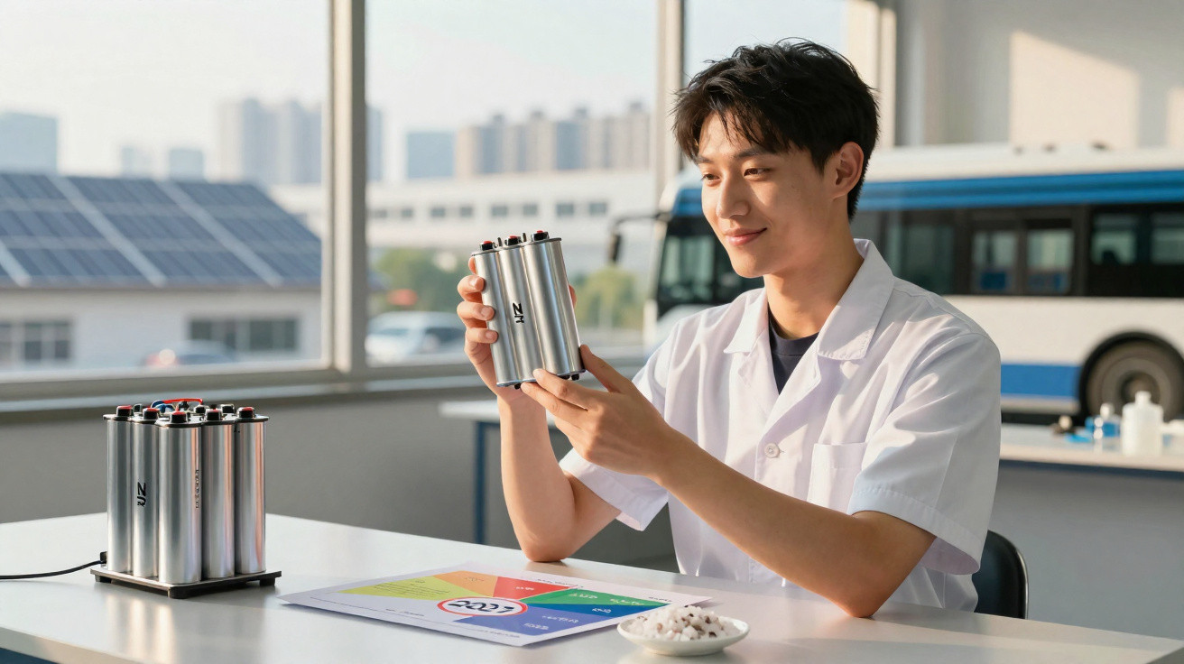 Jovem cientista em laboratório segurando equipamento cilíndrico metálico com amostras para análise.