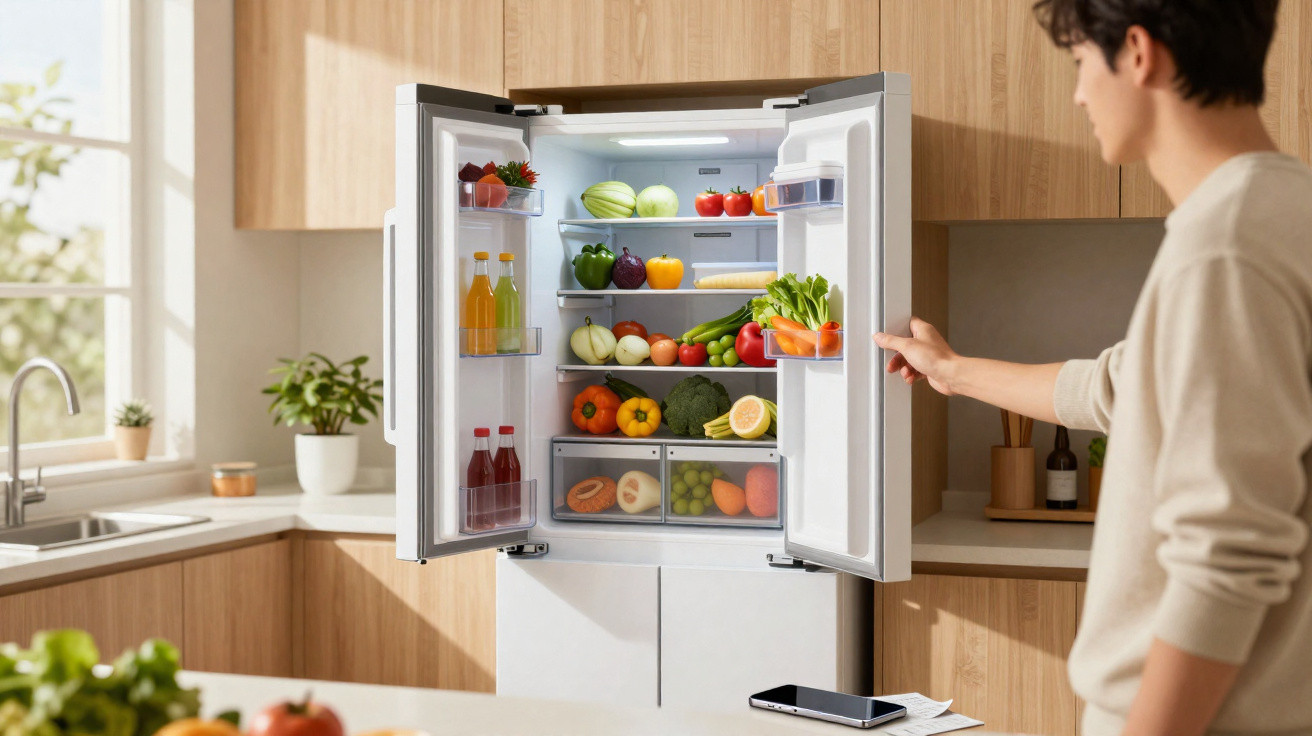 Pessoa abrindo geladeira branca cheia de frutas, vegetais e bebidas em cozinha moderna clara.
