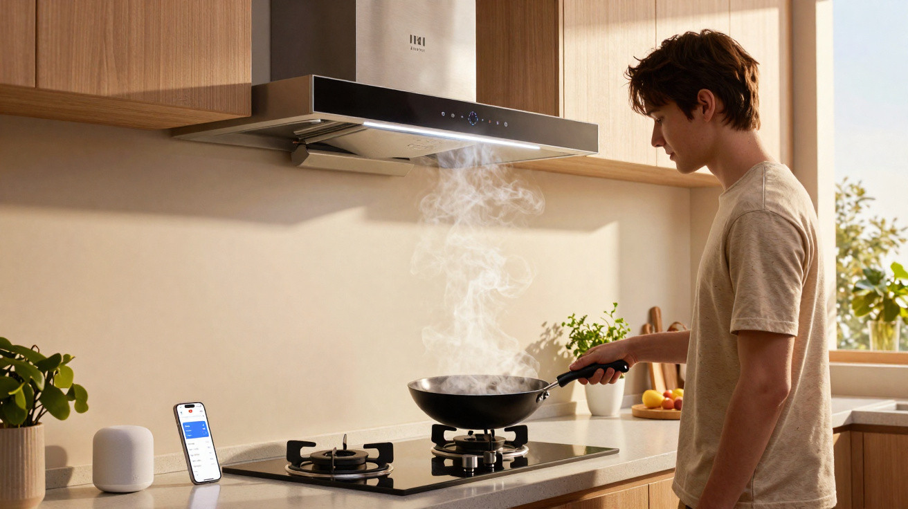 Jovem cozinhando em fogão com exaustor ligado, usando aparelho ao lado para controlar ambiente da cozinha.
