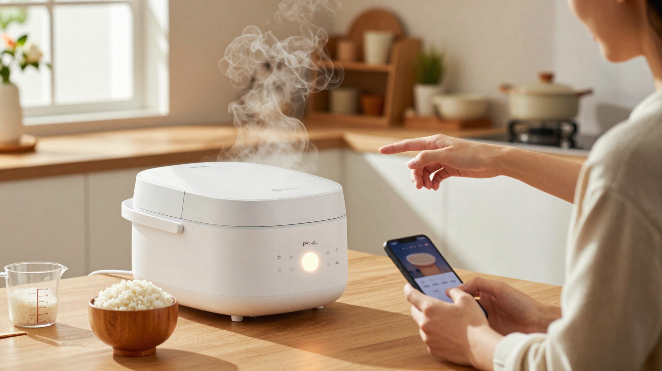 Panela elétrica branca soltando vapor sobre bancada de cozinha com pessoa controlando por celular.