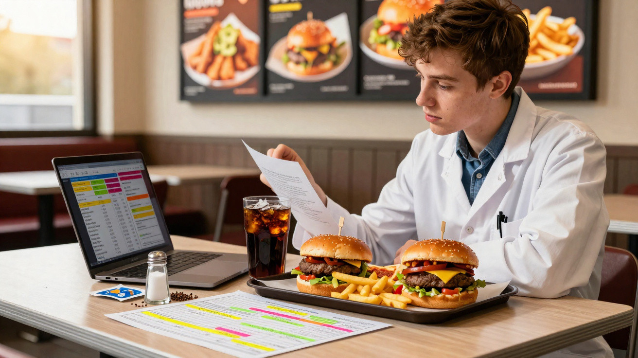 Jovem de jaleco branco estudando documentos em restaurante com hambúrgueres, batatas fritas e refrigerante.