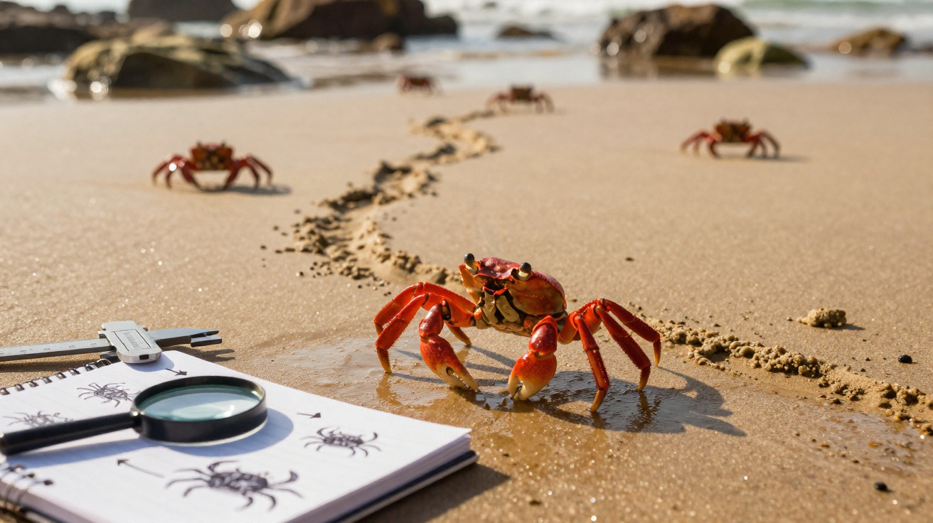 Caranguejo vermelho na areia da praia próximo a caderno com desenhos do crustáceo e lupa.