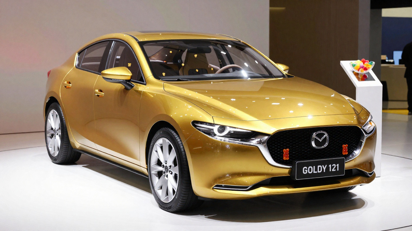 Carro sedan dourado modelo Goldy 121 exibido em estande de exposição automotiva.