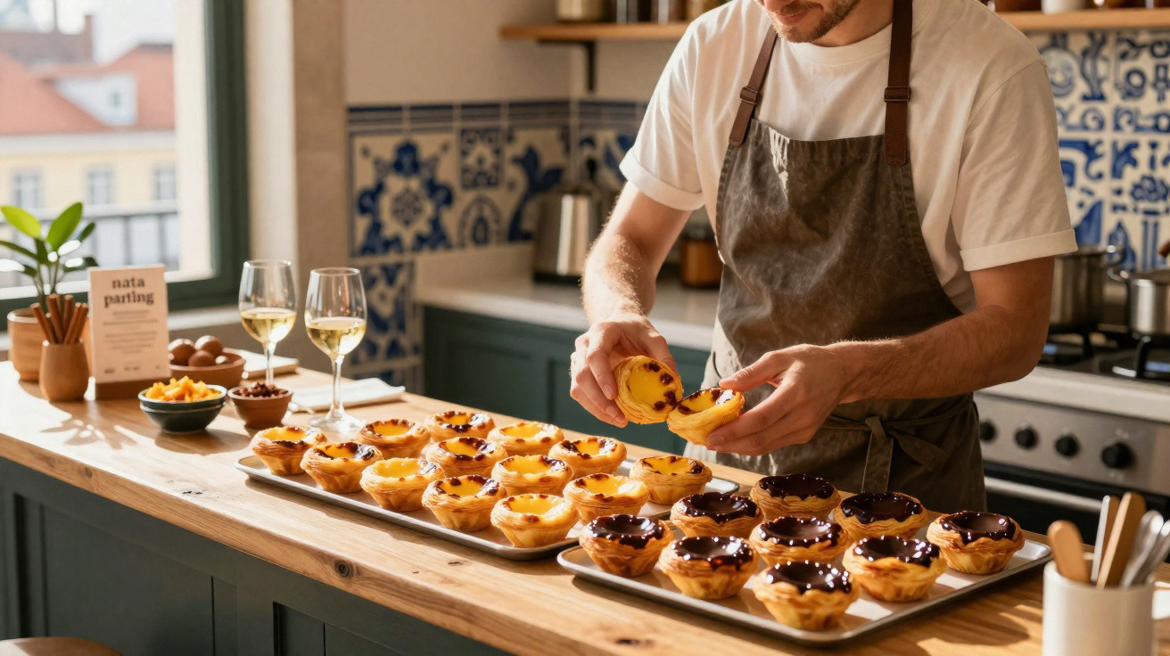Pessoa preparando pastéis de nata e outras tortas em uma cozinha com bancada e decoração tradicional.