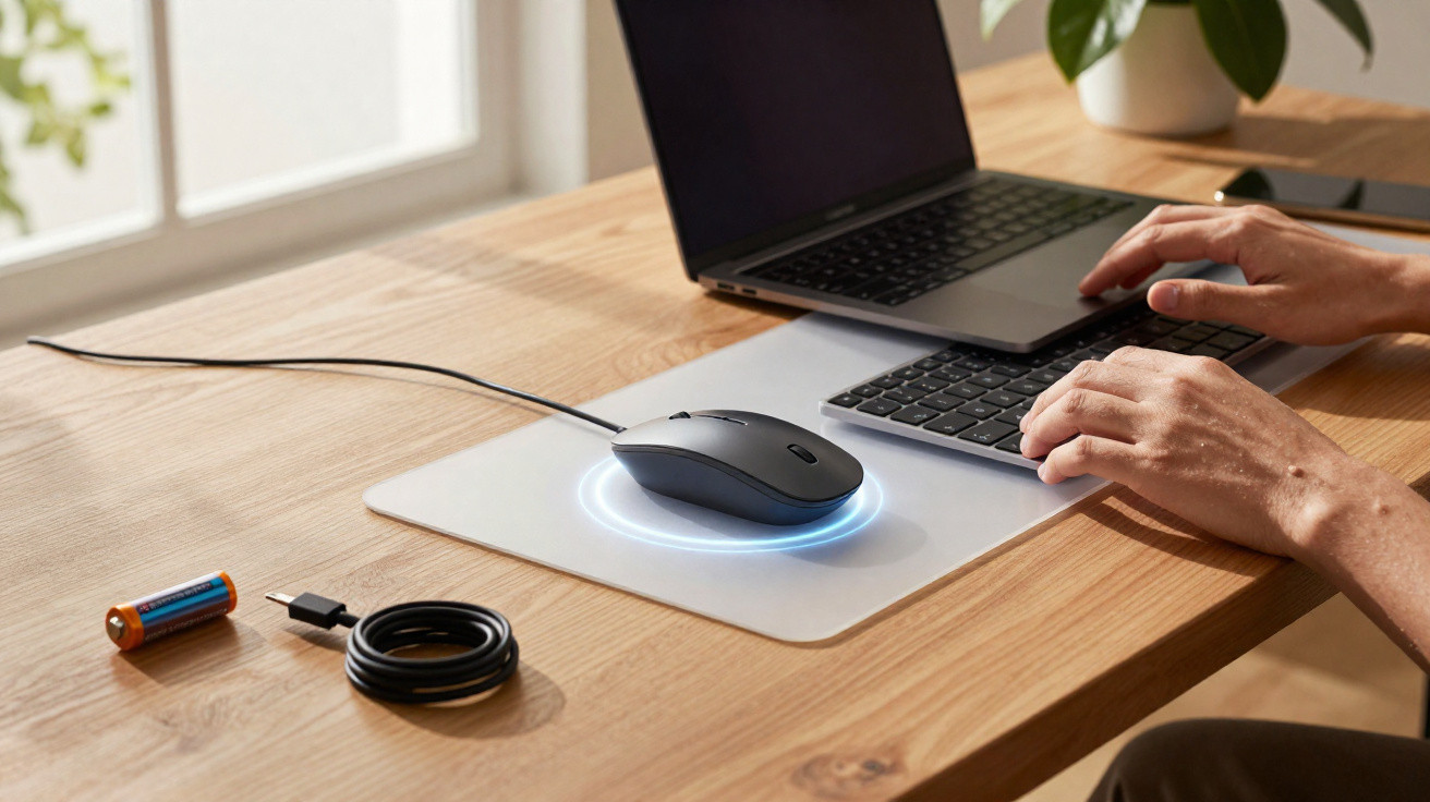Mãos usando teclado próximo a notebook, mouse preto com luz azul e bateria AA sobre mesa de madeira.