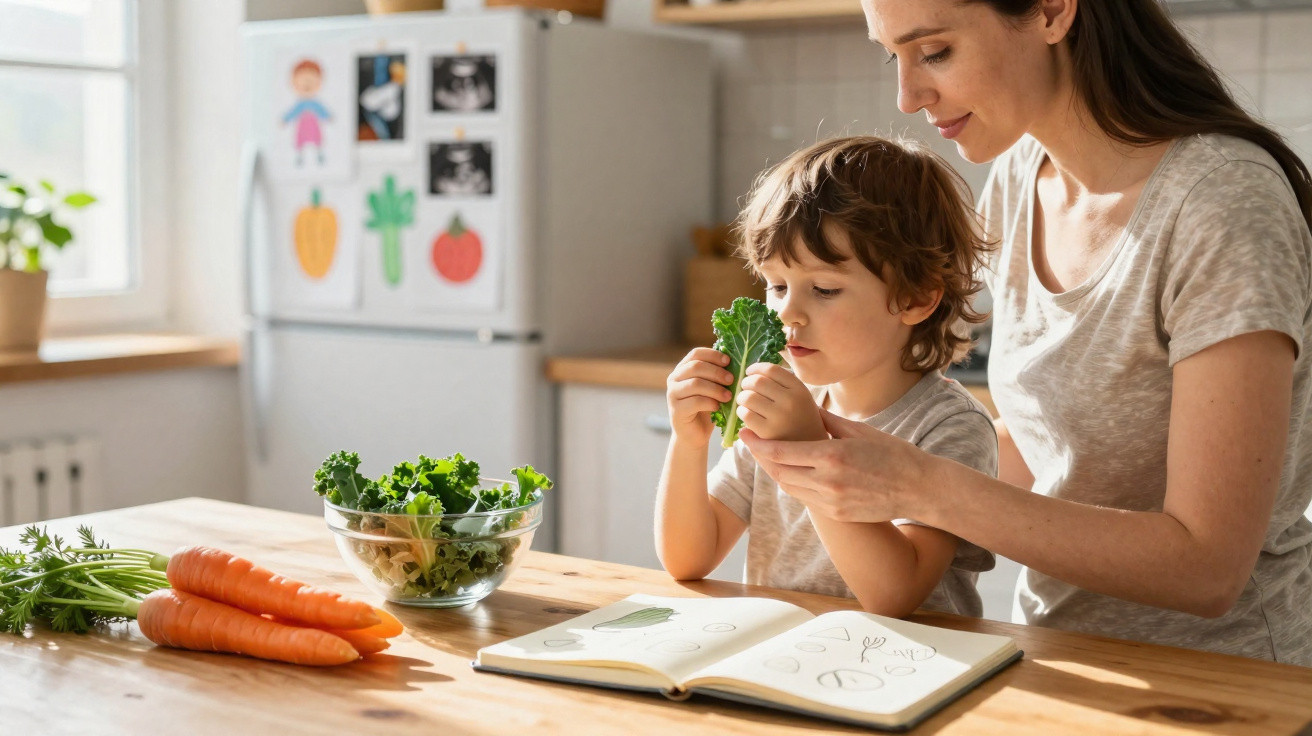 Mãe e filho na cozinha examinando folha de couve, com cenouras e livro aberto na mesa.