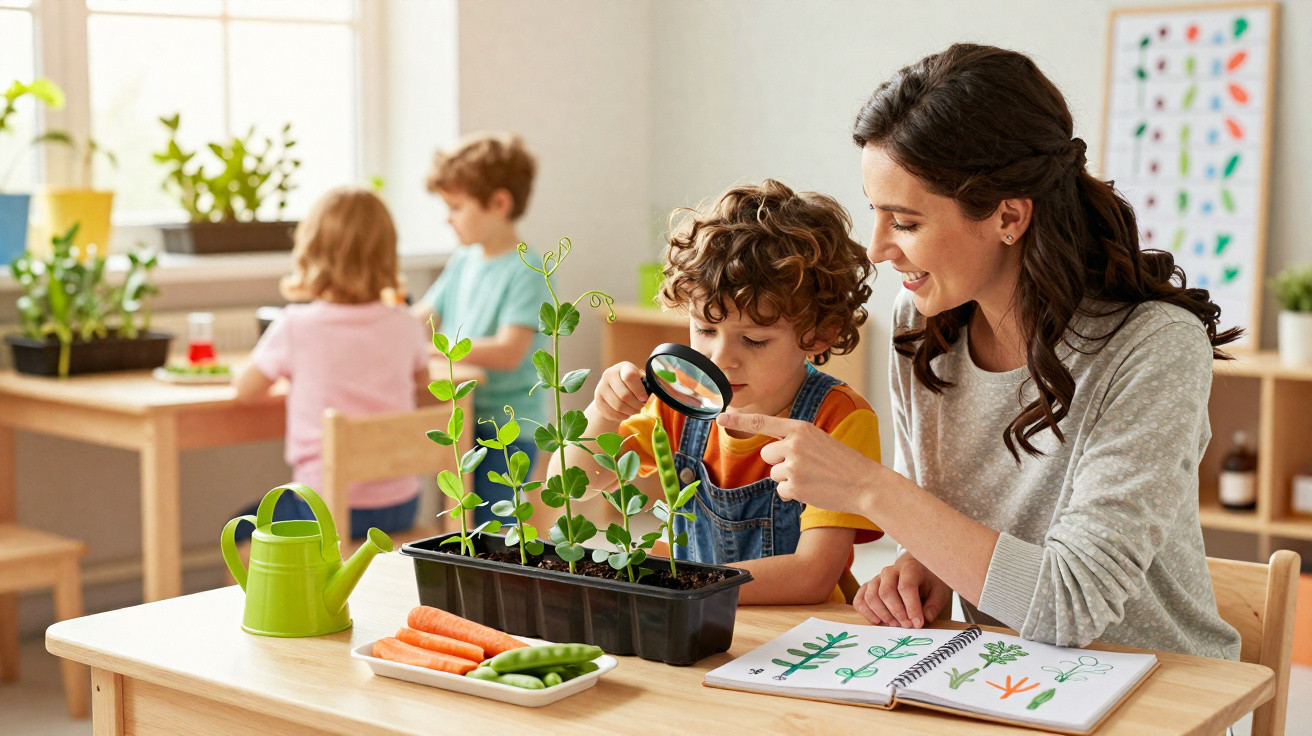 Criança e professora observam plantas com lupa em sala de aula, com crianças ao fundo e legumes na mesa.