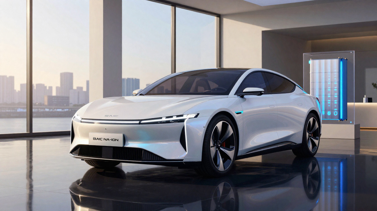 Carro elétrico branco futurista estacionado em ambiente interno com janelas grandes e painel de bateria visível.