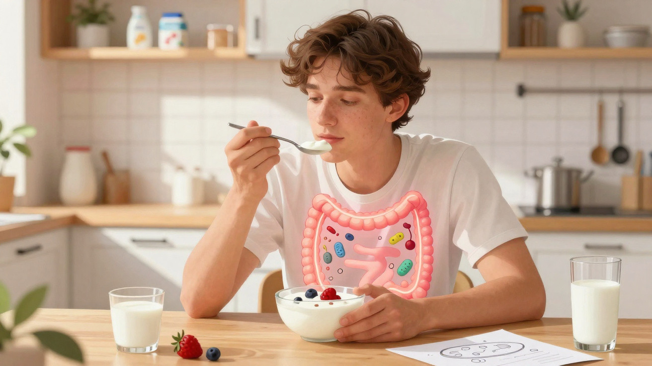 Jovem com desenho do intestino no corpo comendo bowl de iogurte com frutas na cozinha, ao lado de copos de leite.