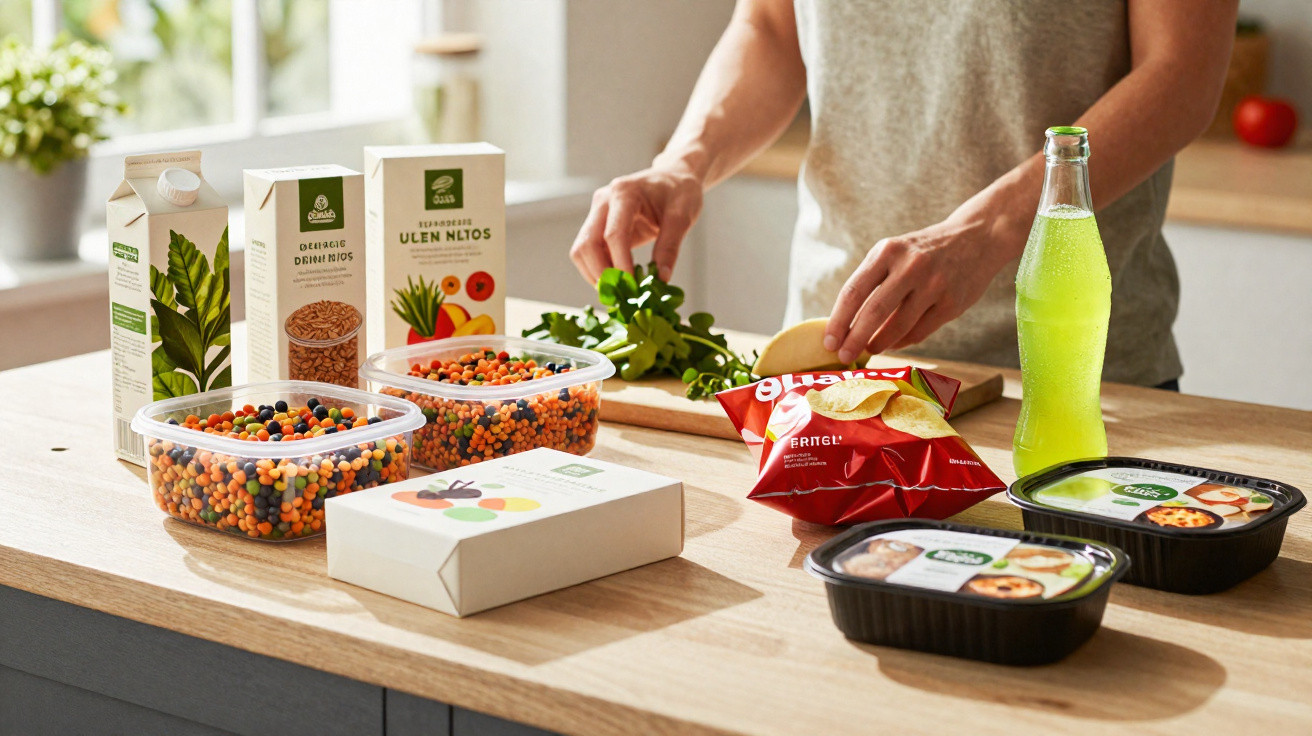 Pessoa preparando salada de legumes na cozinha com embalagens de alimentos ao redor na bancada.