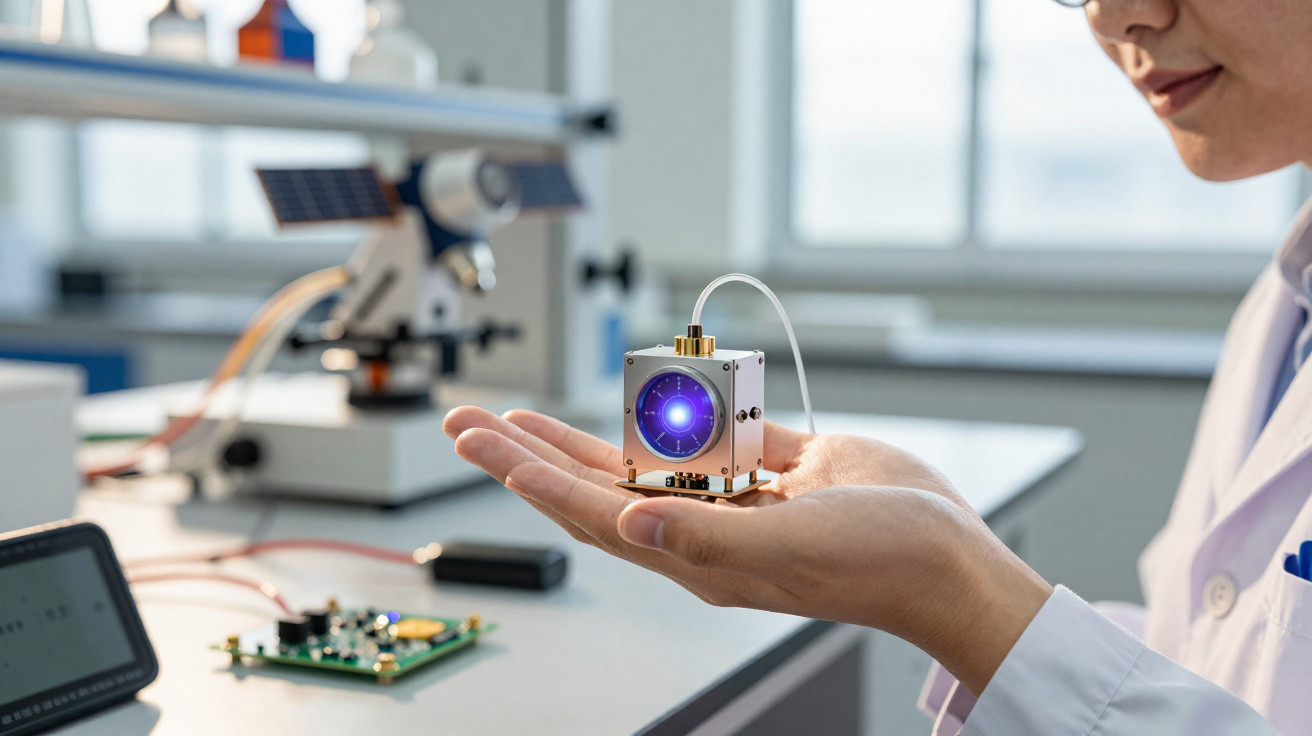 Pessoa segurando equipamento tecnológico com luz azul em laboratório de ciência com microscópio ao fundo.