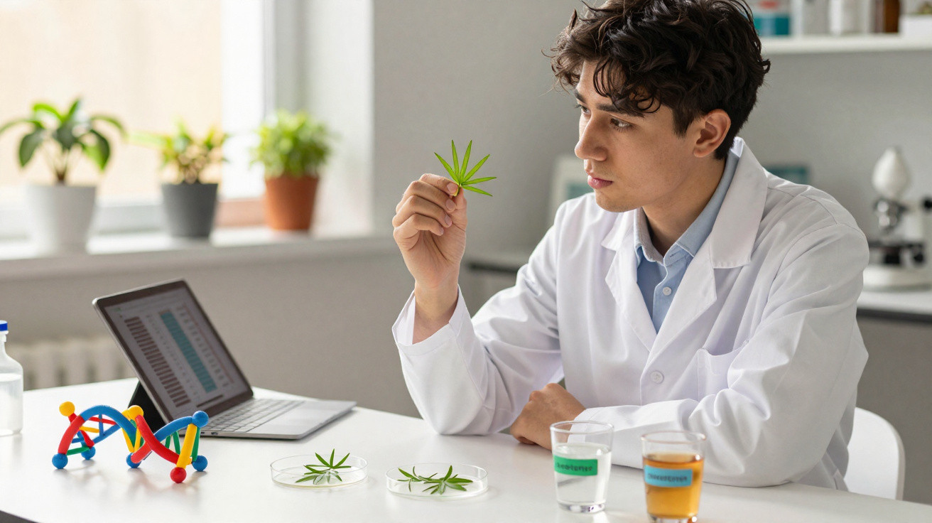 Jovem cientista em jaleco branco analisando folha de cannabis em laboratório moderno.