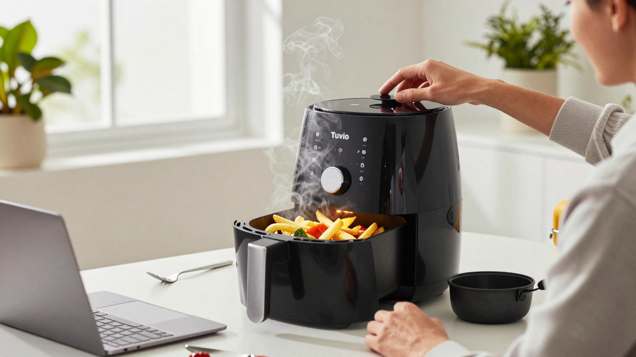 Pessoa retirando batatas fritas quentes de uma air fryer preta em uma cozinha clara.