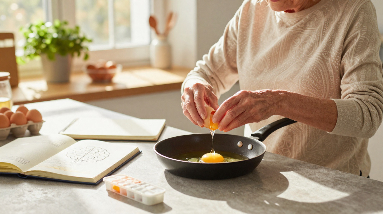 Pessoa idosa quebrando ovo em frigideira numa cozinha iluminada, com caderno e medicamento na mesa.