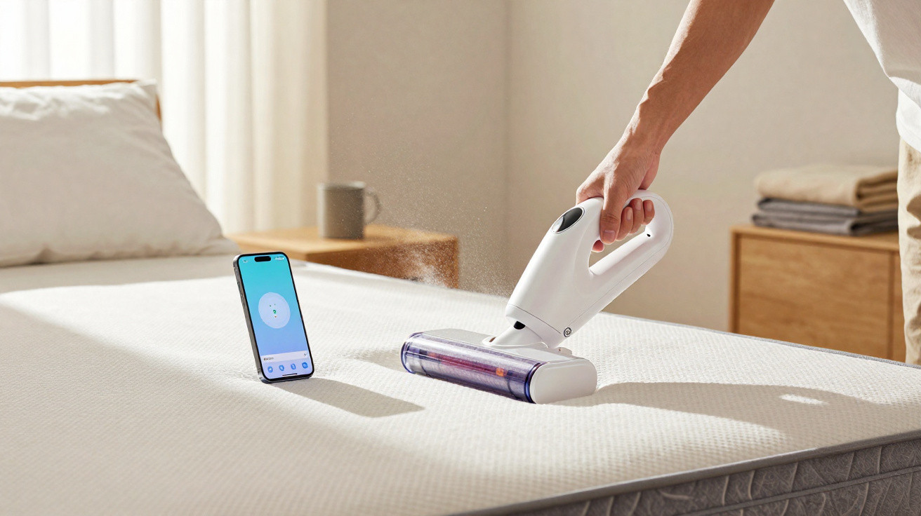 Pessoa usando aspirador de pó elétrico branco para limpar colchão, com celular exibindo aplicativo ao lado.