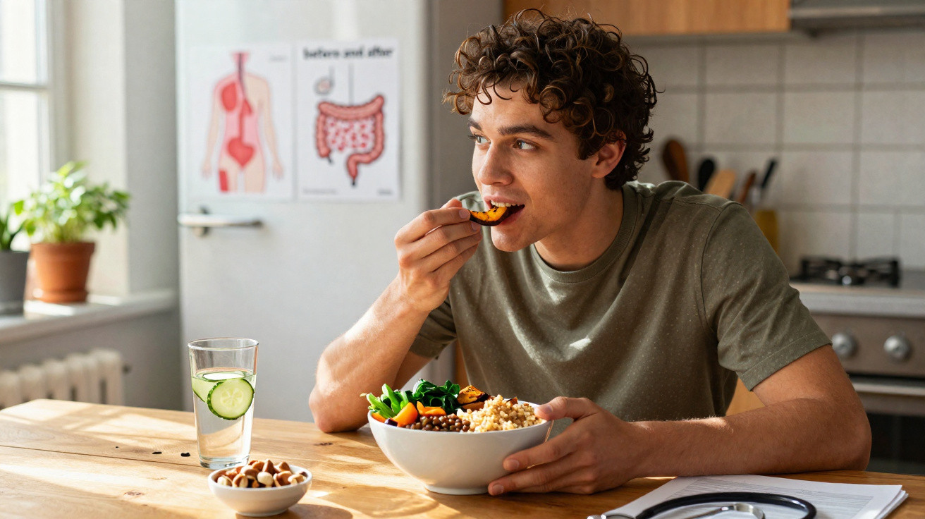 Jovem sentado à mesa com salada e água com pepino, com pôster do sistema digestivo ao fundo.
