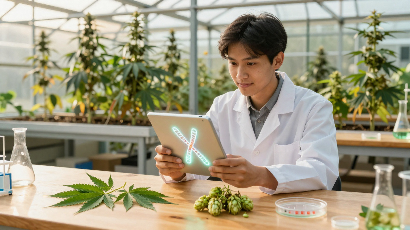 Pesquisador em jaleco branco analisa tablet em laboratório com plantas e amostras botânicas sobre a mesa.