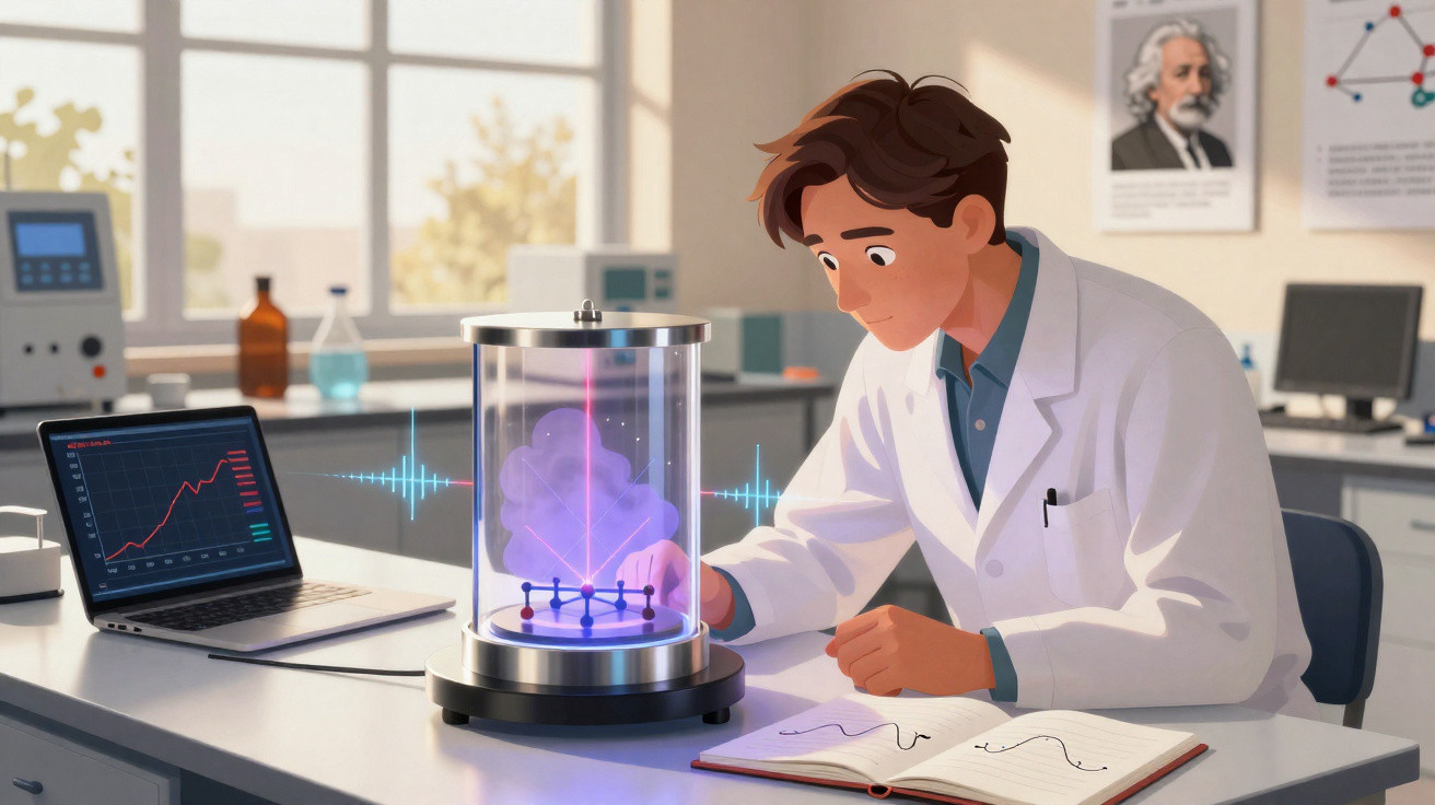 Cientista em laboratório observa holograma de molécula enquanto analisa gráficos em notebook e caderno.