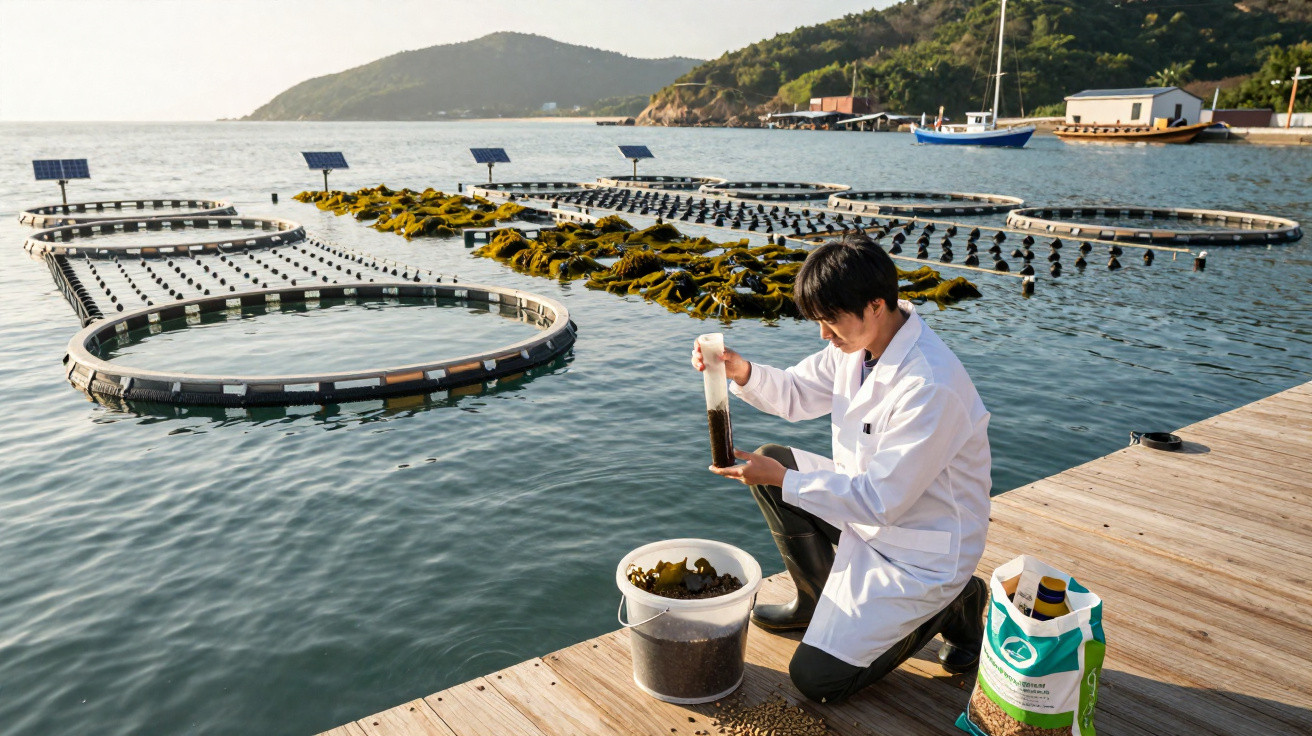 Pesquisador em laboratório ao ar livre colhendo algas marinhas em tanques flutuantes no mar.
