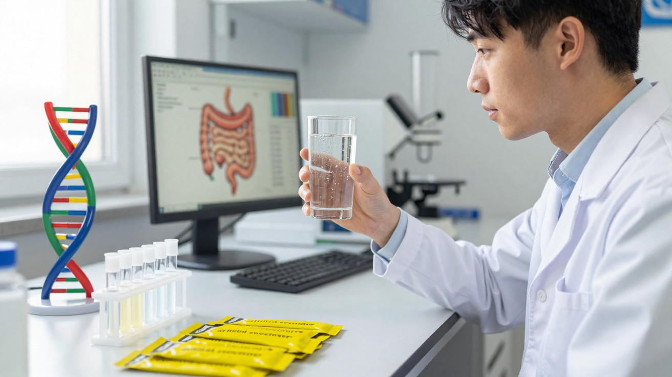 Pesquisador em laboratório observa copo com líquido, com monitor exibindo imagem do sistema digestivo ao fundo.