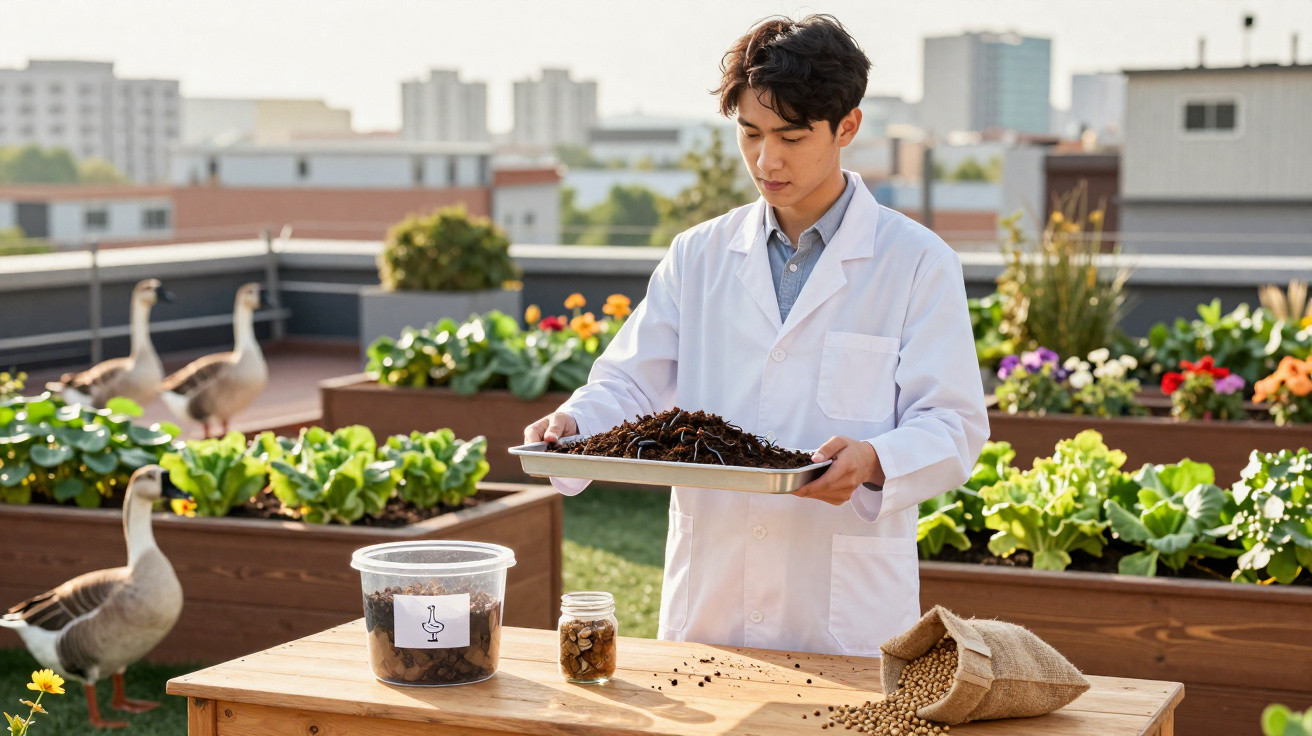 Jovem cientista em jaleco observando minhocas em bandeja em horta urbana com plantas e gansos ao fundo.